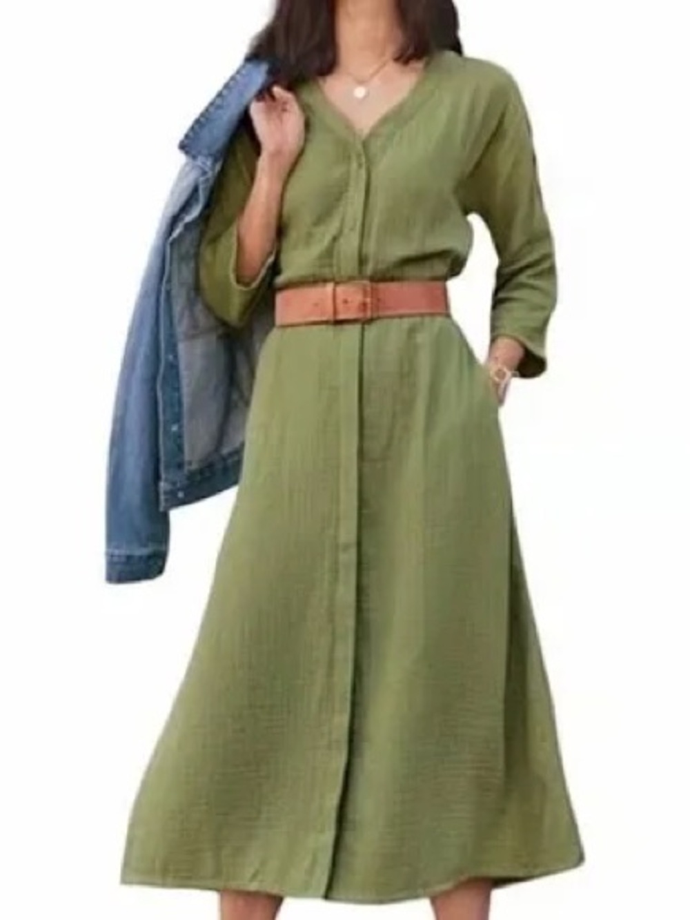 Soft Surroundings Drina Cotton Gauze Green Button-Front Cinch Waist Midi Dress